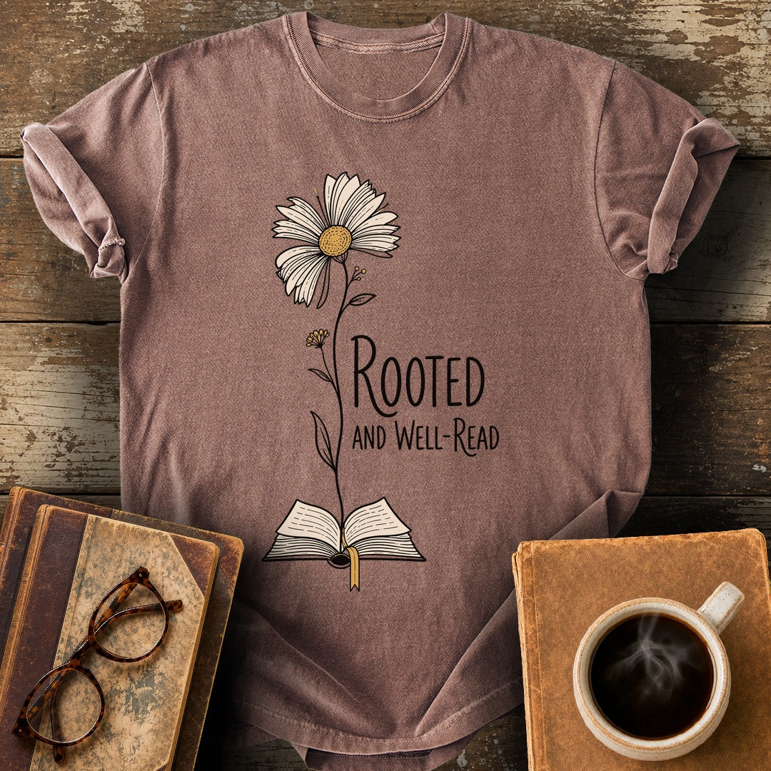 Rooted and Well-Read Tee - espresso shirt mockup